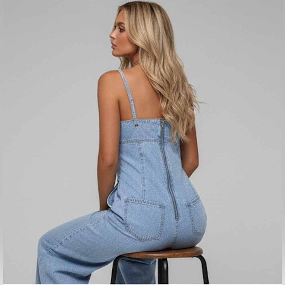 Light Wash Denim Jumpsuit Wide Leg Corset Bodice Sweetheart Neck - Picture 5 of 11